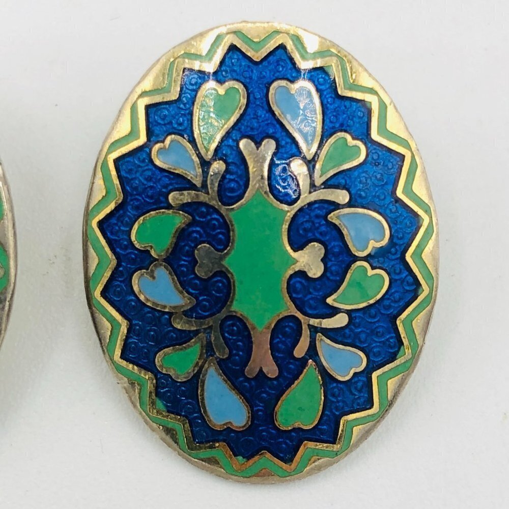 Vintage Blue and Green Enamelled Earrings - Picture 2 of 5
